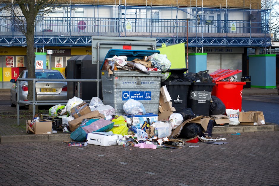 A large collection of mixed waste and rubbish overflowing from multiple public rubbish bins and bags in an urban parking area. The scene includes a grey metal recycling bin marked for paper and card, with its lid open, revealing crumpled papers and cardboard inside. Surrounding the bins are numerous black refuse bags, flattened cardboard boxes, and loose discarded packaging, some spilling onto the paved ground. To the left, part of a silver car with a visible yellow and black license plate is parked behind a low metal railing. In the background, a shopfront with storefronts, windows, and a sign is visible, and above it, a building facade wrapped in blue construction scaffolding. The environment appears well-lit with ambient daylight, emphasizing the cluttered state of discarded waste, hinting at the need for effective rubbish removal or alternative waste handling services, as offered by Rubbish Clearance Lewisham.
